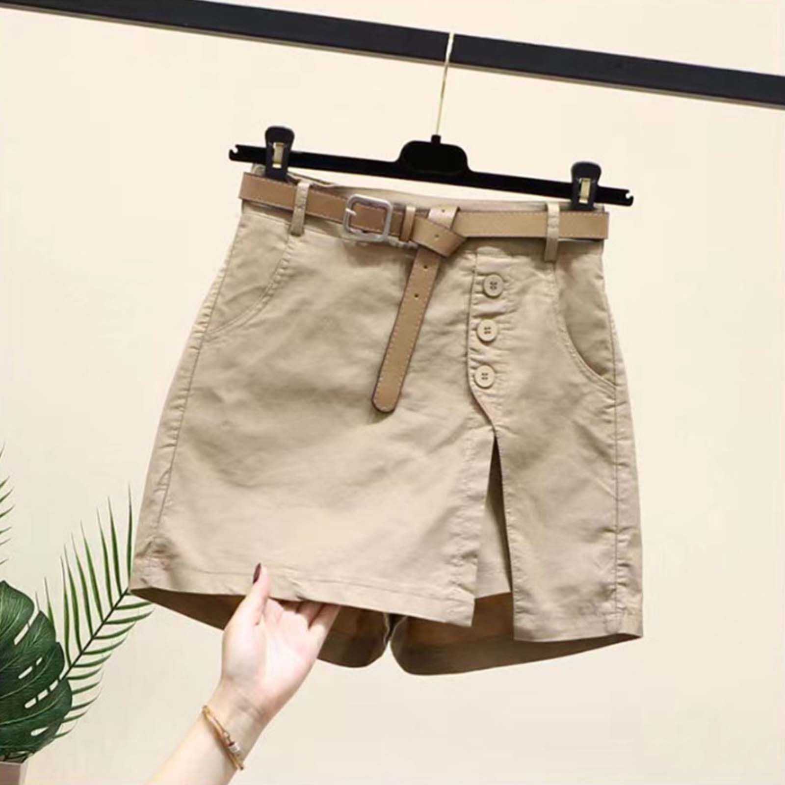 thumbnail image 2 of Pantalones cortos informales de mujer de mezcla de lino con cintura alta y abertura lateral - Cintura elástica y ligeros para el verano, 2 of 5